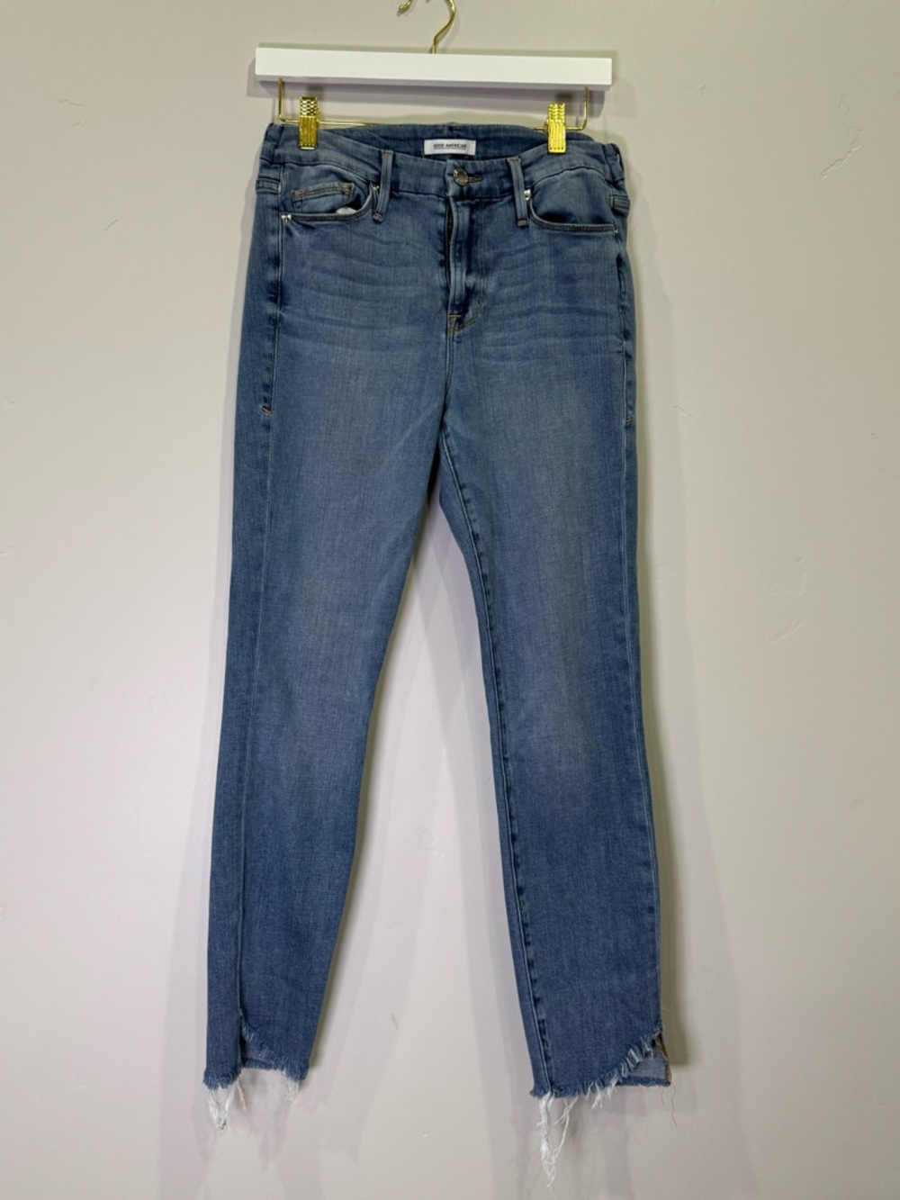 Good American Good Legs Mid Wash Blue Ankle Jeans with Frayed Hem